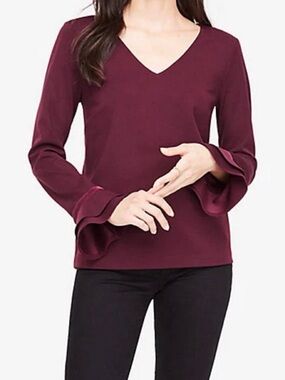 Ann Taylor Petite V-neck blouse with ruffle bell sleeves